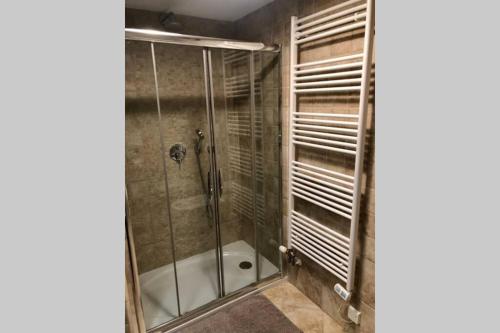 布莱德Vila Slavc, cosy apartment near the lake的浴室里设有玻璃门淋浴
