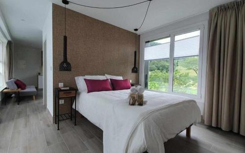 LegazpiaBergartxe Geltokia的一间卧室配有一张带粉红色枕头的大床和窗户。