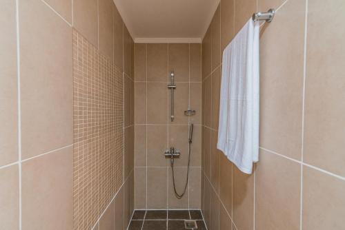 阿斯塔纳Alau Hotel的带淋浴和白色毛巾的浴室