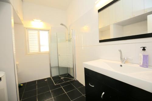 内坦亚City center luxury apartment in Netanya的一间带水槽和淋浴的浴室