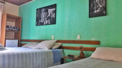 穆库热Pousada Recanto da Chapada的一间卧室设有两张床和绿色的墙壁