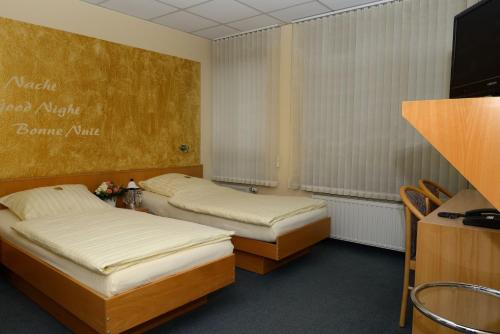 梅特曼艾尔贝尔酒店的配有电视的客房内的两张床