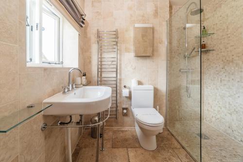 阿什伯恩Barn Owl Lodge at Millfields Farm Cottages的浴室配有卫生间、盥洗盆和淋浴。