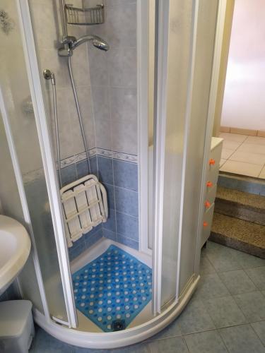 波尔托瓦尔特拉瓦利亚Appartamento Gianna的带淋浴的浴室(铺有蓝色瓷砖地板)