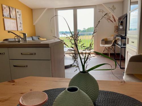 FriedrichswaldeFerienwohnungen Zur Biberburg的坐在厨房桌子上的绿色花瓶