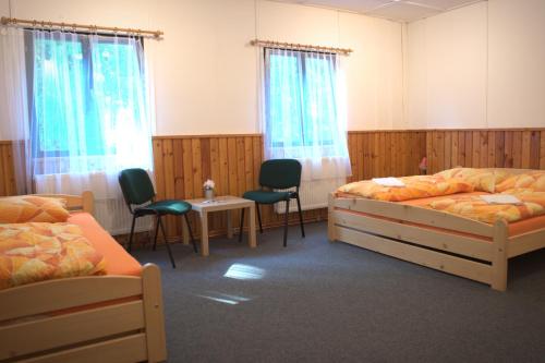 FrantiškovResort Blatnice的一间卧室配有两张床和一张桌子及椅子