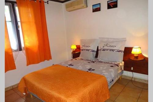 圣路易斯Le Ravenal的一间卧室配有一张带橙色毯子和枕头的床