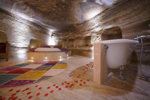 格雷梅Göreme Cave Lodge的一间带浴缸、床和地毯的卧室