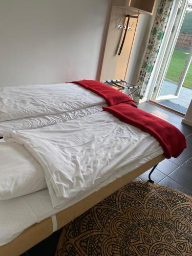哈尔姆斯塔德Wapnö Gårdshotell的床上有红毯