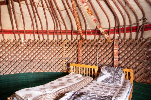 TaldyAidar Yurt Camp的帐篷内的一张床位,配有枕头