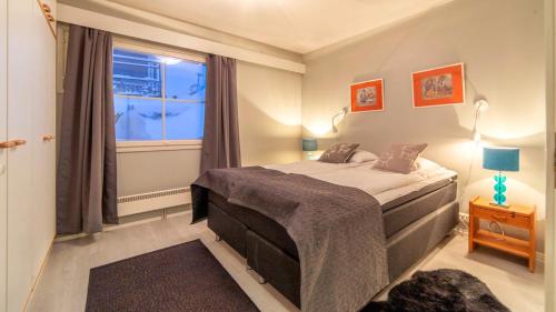 萨利色尔卡Kuukkeli Apartments的一间卧室设有一张床和一个窗口