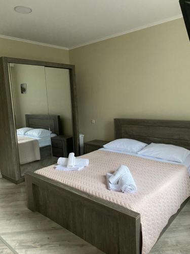 博尔若米nikani1的一间卧室设有两张床和大镜子