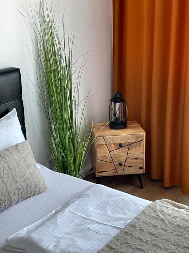 萨图马雷SOLE Apartment 2的一间卧室配有一张床和一张桌子,上面配有茶壶