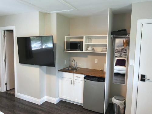 滑铁卢PRIVATE ROOM ENSUITE UPTOWN WATERLOO - e5的一个带水槽的厨房和墙上的电视