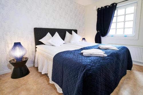 阿沃斯塔Folkarbo Vandrarhem的一间卧室配有一张带蓝色毯子的床和窗户。