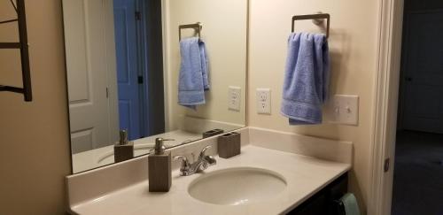 塔克Home at Tucker的浴室设有水槽、镜子和蓝色毛巾