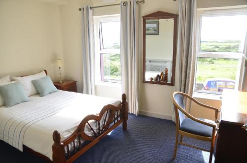 Allihies海景旅馆的一间卧室配有一张床、镜子和椅子