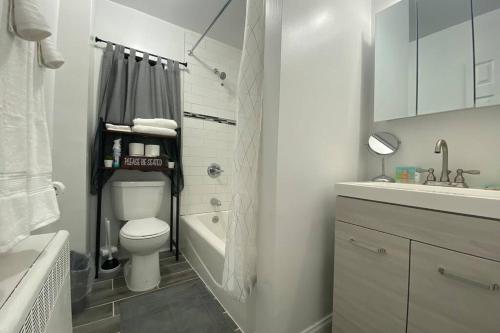 LodiLuxury Meets Convenience! Near NYC & EWR Airport的浴室配有卫生间、盥洗盆和浴缸。
