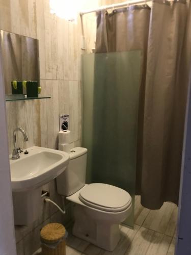 加利纽斯Pousada o Mineiro Central的浴室配有卫生间、盥洗盆和淋浴。