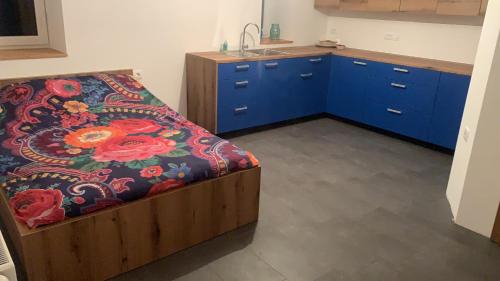 Stari Trg pri LožuAmazing apartment的一间卧室配有一张带蓝色橱柜和水槽的床。