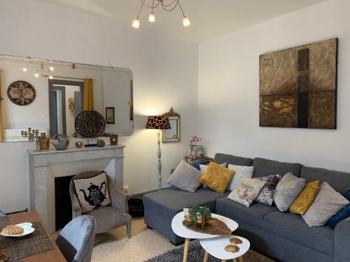 圣莱奥纳尔德诺布拉La Cour Pavée, T2 lumineux, cosy, confort 55 m2的客厅设有蓝色的沙发和壁炉
