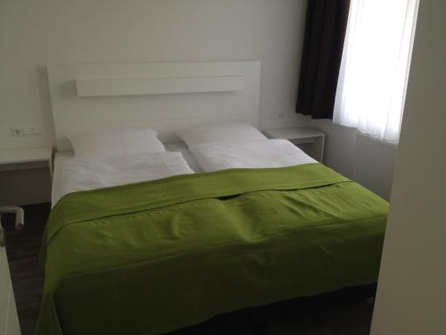 什未林Aparthotel am Heidensee的一间卧室配有一张带绿毯的床