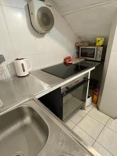 安道尔城Alberg Els Andes的一间带水槽和微波炉的小厨房