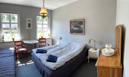腓特烈港Store Stensig (landlig idyl ved Frederikshavn)的卧室配有一张床和一张桌子及椅子