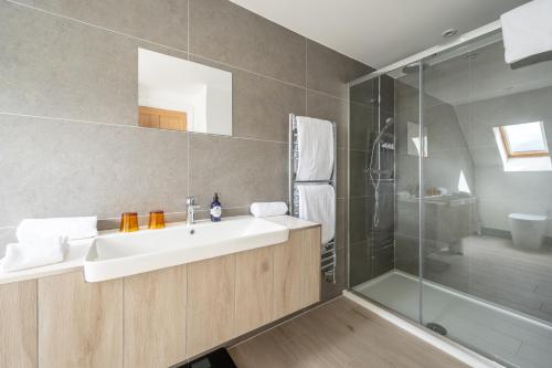 阿多奈格 Ardeonaig Hotel & Restaurant的一间带水槽和淋浴的浴室