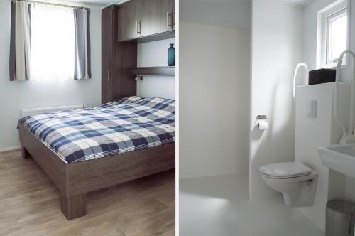 塞罗斯凯尔克Chaletverhuur-Olmenduin的一间卧室设有一张床、一个卫生间和一个水槽