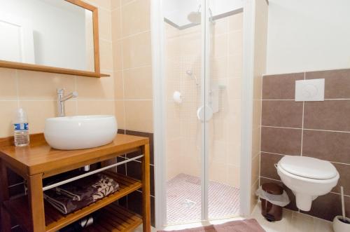 高伊斯瑙Le relais de Roscarven的带淋浴、盥洗盆和卫生间的浴室