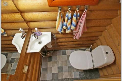 耶姆赛Järvenrantamökki Himoksella poreammeella的浴室配有盥洗盆、卫生间和毛巾。
