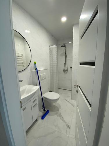 斯文托伊Vila KOPA Šventoji的白色的浴室设有卫生间和拖把