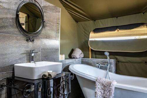 哈坦柏斯Hartenbos Private Game Lodge的一间带水槽、浴缸和镜子的浴室