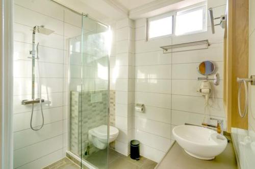 帕拉马里博Q精品酒店的带淋浴、卫生间和盥洗盆的浴室