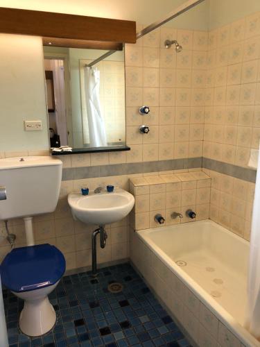 堪培拉堪培拉莱纳姆汽车旅馆的一间带水槽、浴缸和卫生间的浴室
