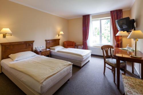 施特雷利茨Hotel Garni Schlossgarten的酒店客房设有两张床、一张桌子和一台电视。