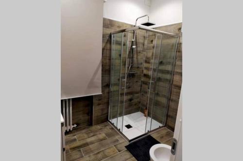 阿斯蒂Appartamento Gisella的浴室里设有玻璃门淋浴