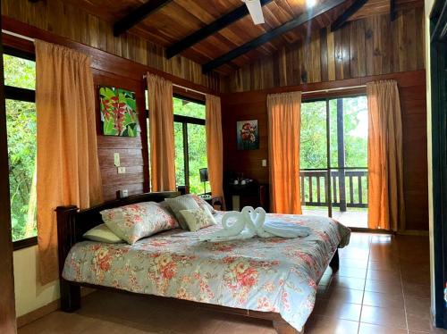 比加瓜Heliconias Rainforest Lodge的一间设有床铺的卧室,位于带窗户的房间内