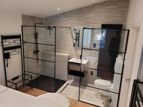 利赫塔特Hogenberg Heiken Lichtaart / Kasterlee的一间带玻璃淋浴和卫生间的浴室