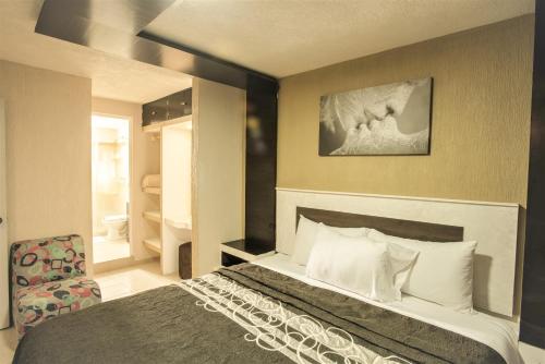 圣米格尔-德阿连德CASA LA VISTA San Miguel De Allende的配有一张床和一把椅子的酒店客房