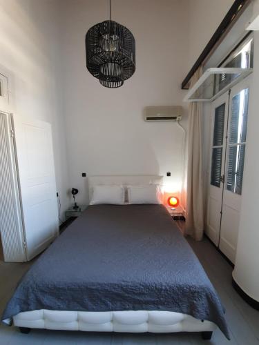伊古迈尼察The Pitoulis Mansion的一间卧室配有一张床和一个吊灯