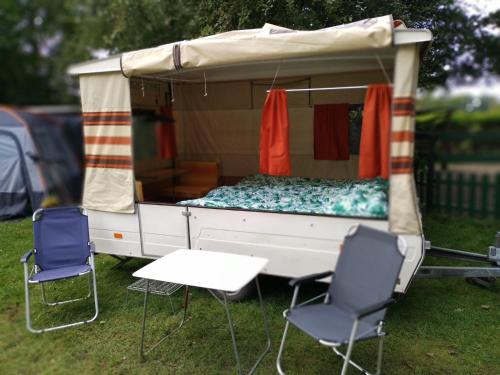 TynaarloRetro Vouwwagen的草丛中的露营车,配有椅子和桌子