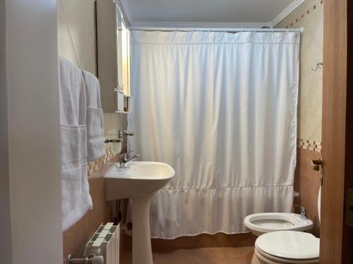 埃尔卡拉法特South Apartments的浴室配有水槽、卫生间和浴帘