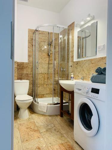 乔左维尔考普尔斯基Apartament Walczaka nr 16 MIEJSCE PARKINGOWE的带淋浴卫生间和洗衣机的浴室