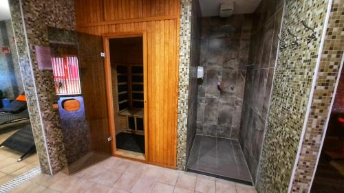 蒂萨新城维若尼卡酒店的带淋浴的浴室和玻璃门