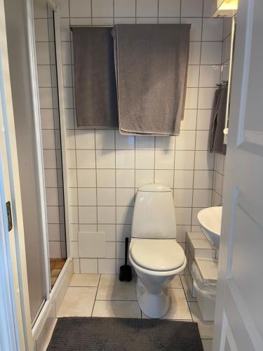 哥德堡Pia's Apartment的浴室配有卫生间、水槽和毛巾。