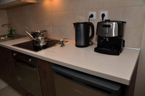 帕莱欧卡斯提撒Astacos Studios的厨房柜台配有咖啡壶。