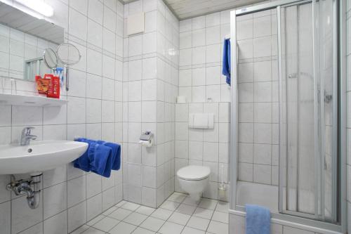 多瑙河畔诺伊施塔特Pension Martinus的带淋浴、卫生间和盥洗盆的浴室