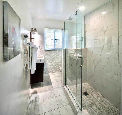 圣徒皮特海滩圣皮特海滩海岸公园套房公寓的一间带玻璃淋浴和水槽的浴室